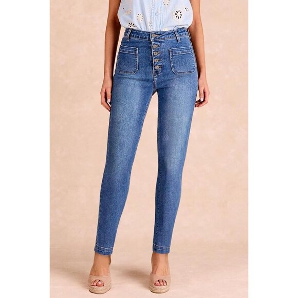 Women's High-Waisted Skinny Jeans Denim 12 Retro 5-Button Tummy Control - Picture 2 of 5